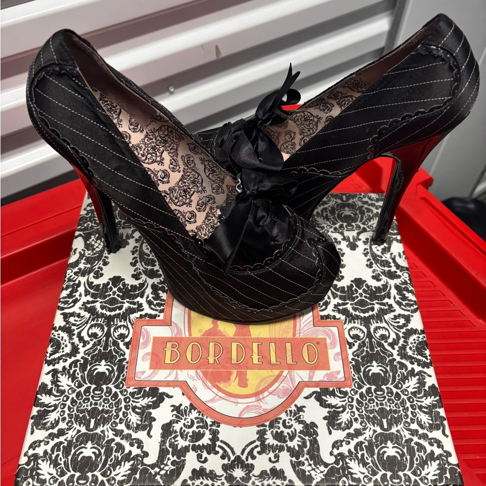 Bordello Black Pinstripe Heels